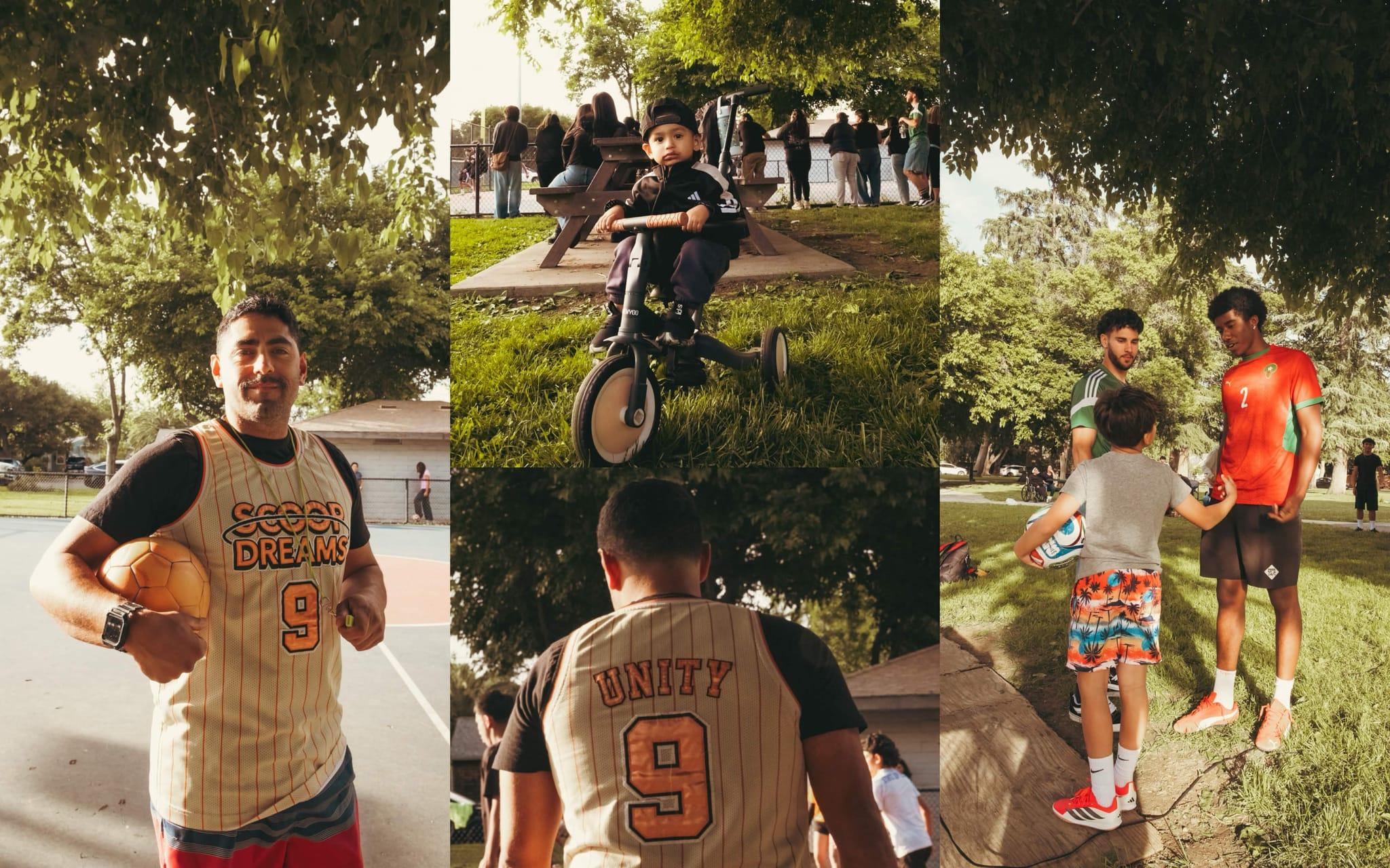 Collage of Scoop Dreams community moments — basketball, the trailer, and youth events