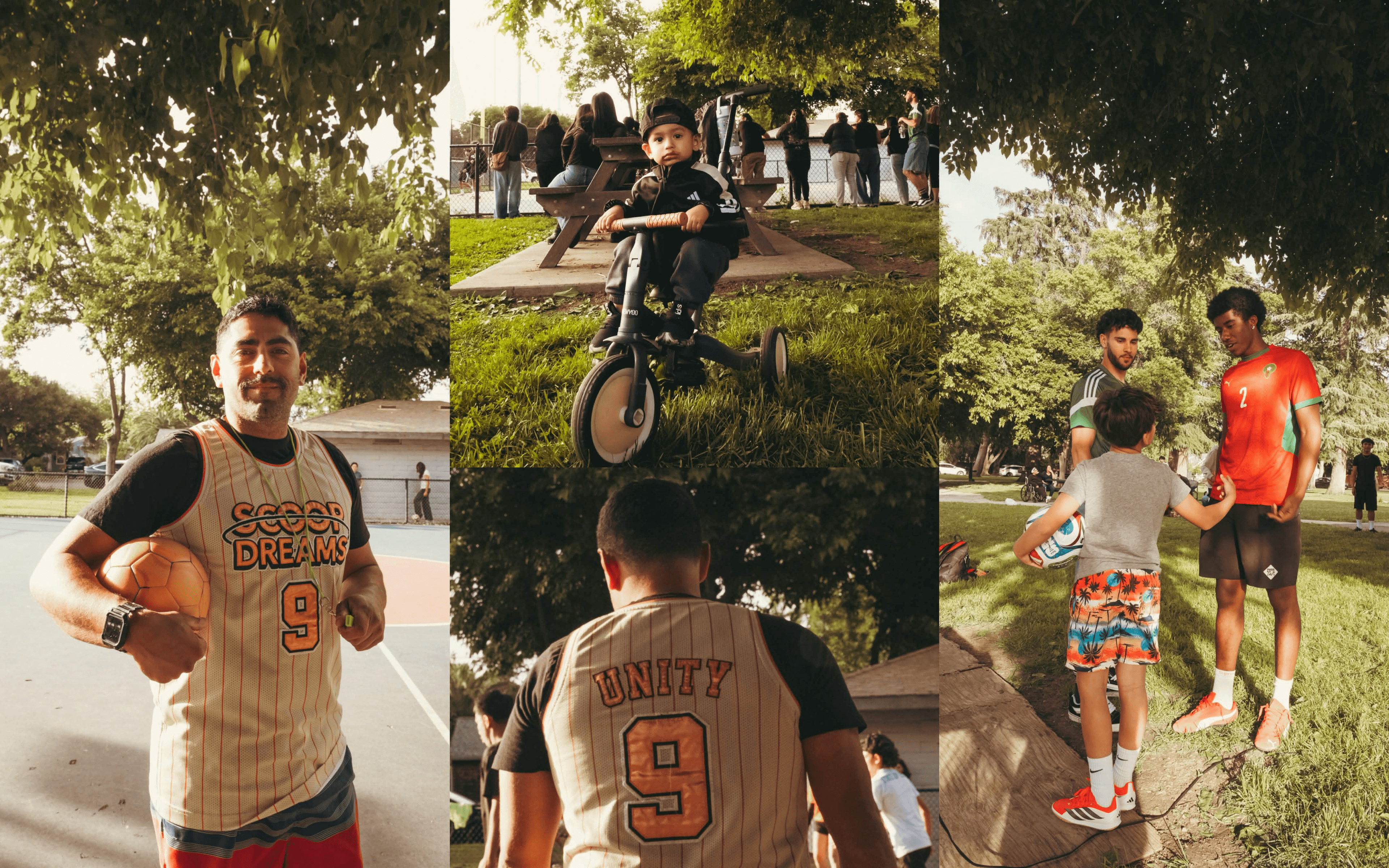 Collage of Scoop Dreams community moments — basketball, the trailer, and youth events