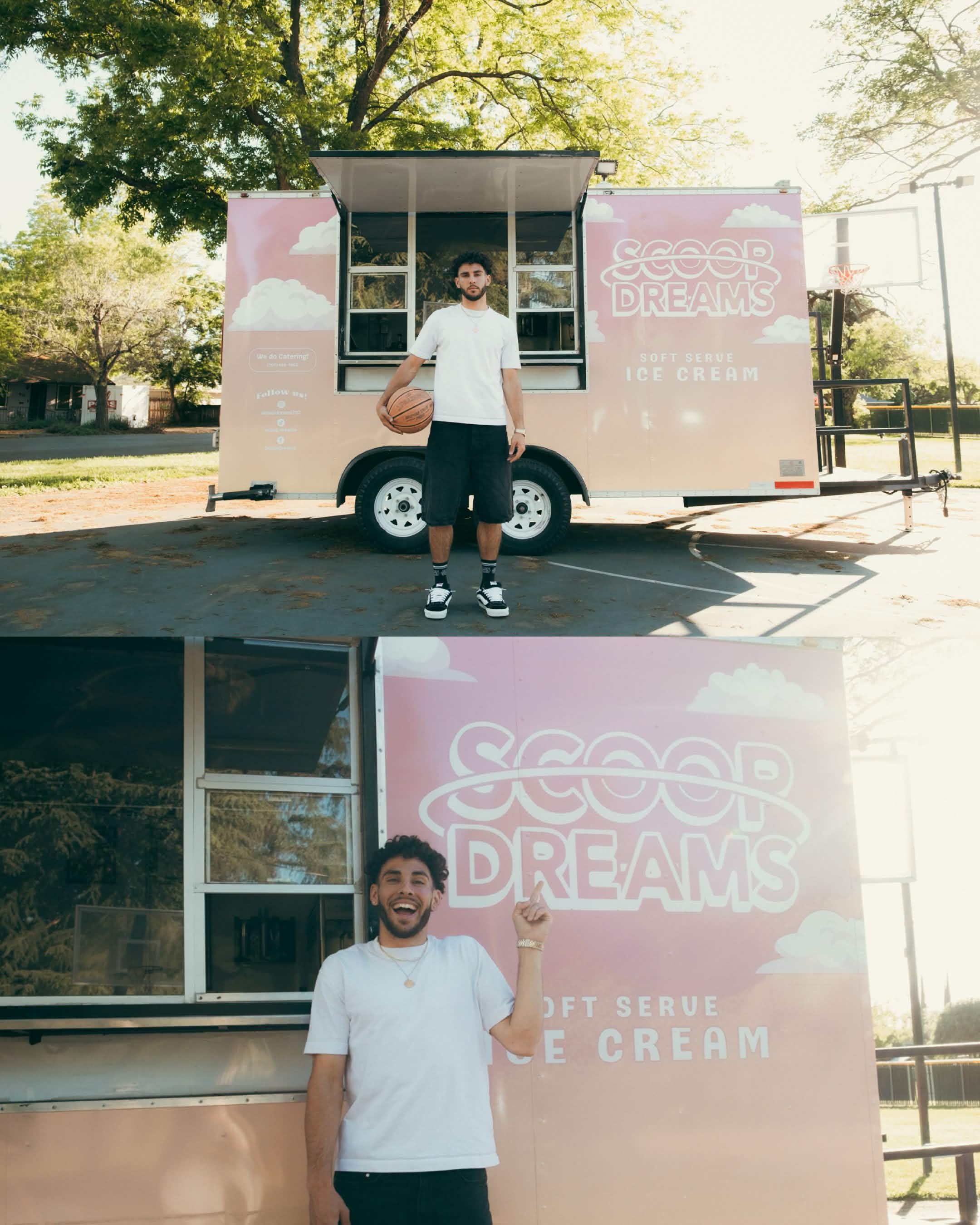 Devan Minouei posing with a basketball and smiling in front of the Scoop Dreams trailer
