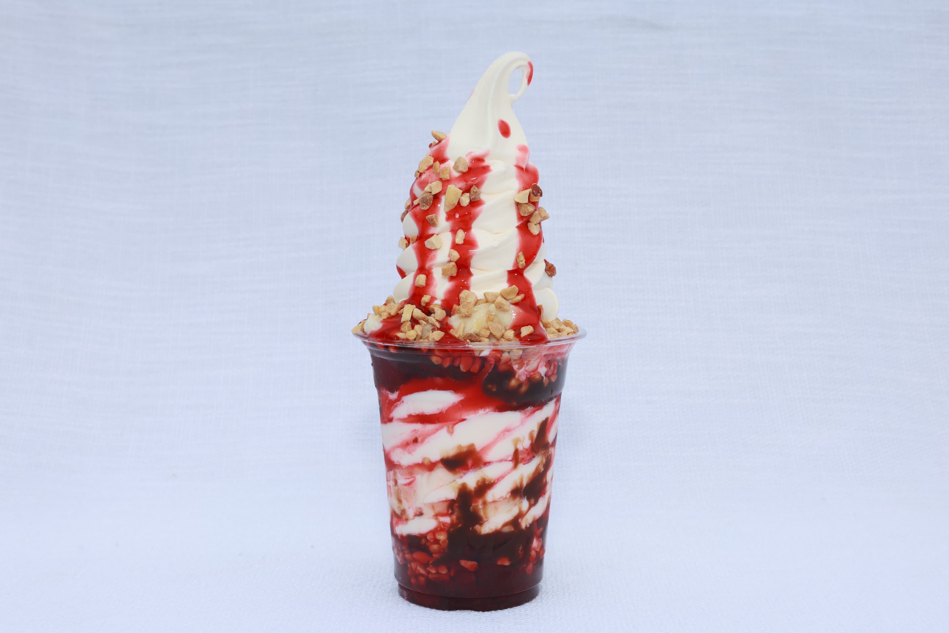 No Joke signature special from Scoop Dreams — Vanilla, Hot Fudge, Strawberry Sauce, Bananas, Crushed Peanuts